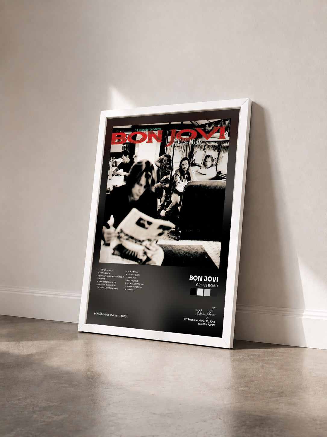 #blanc Cross Road by Bon Jovi as a framed art print seen at an angle, white frame