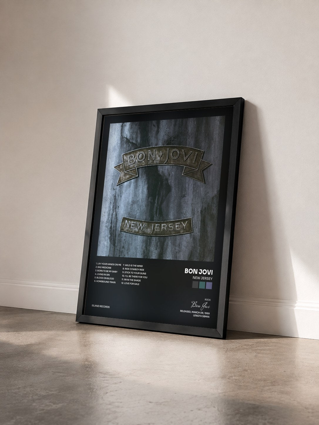 #noir New Jersey by Bon Jovi as a framed art print seen at an angle, black frame