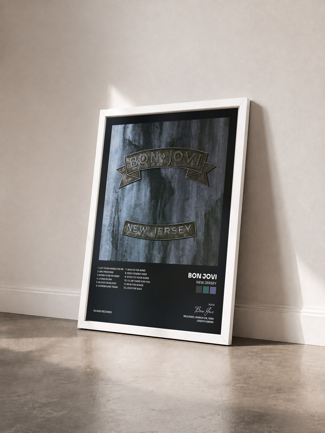 #blanc New Jersey by Bon Jovi as a framed art print seen at an angle, white frame