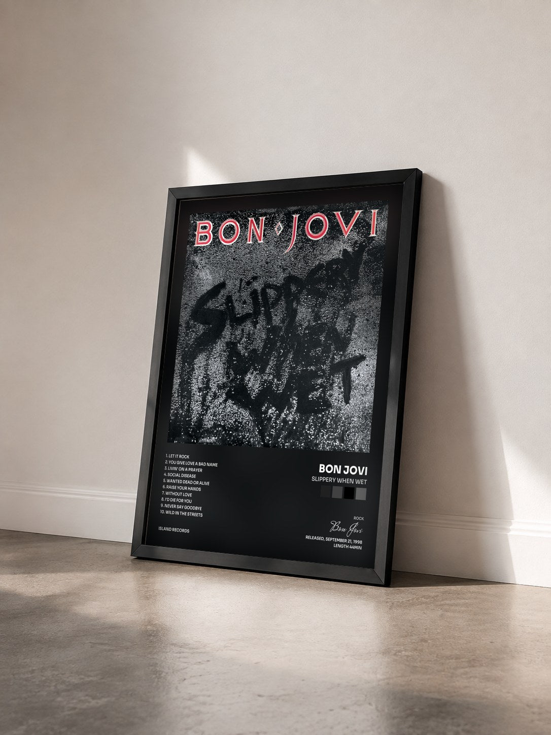 #noir Tableau de l'album Slippery When Wet de Bon Jovi vu de trois quarts, cadre noir
