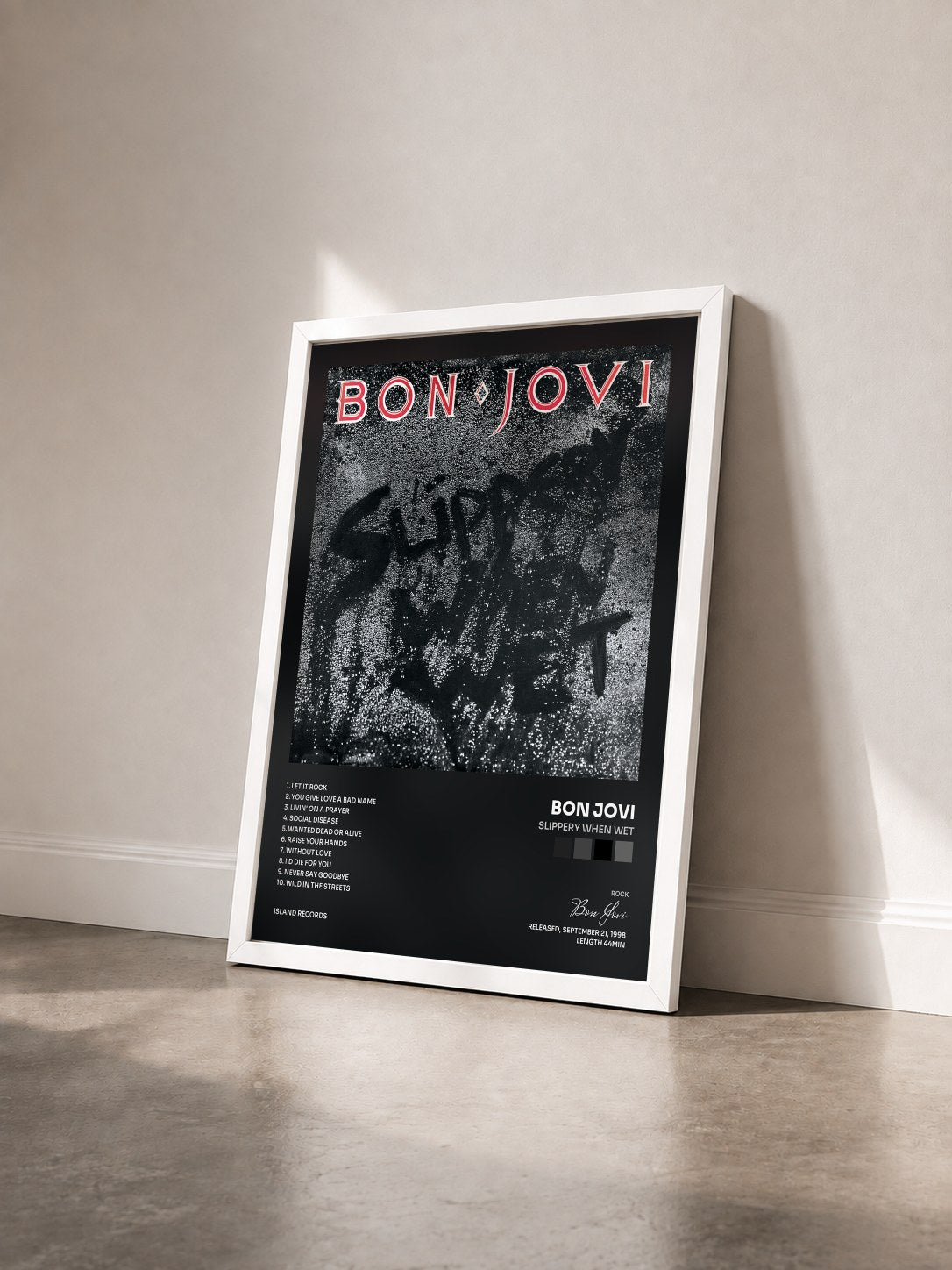 #blanc Tableau de l'album Slippery When Wet de Bon Jovi vu de trois quarts, cadre blanc