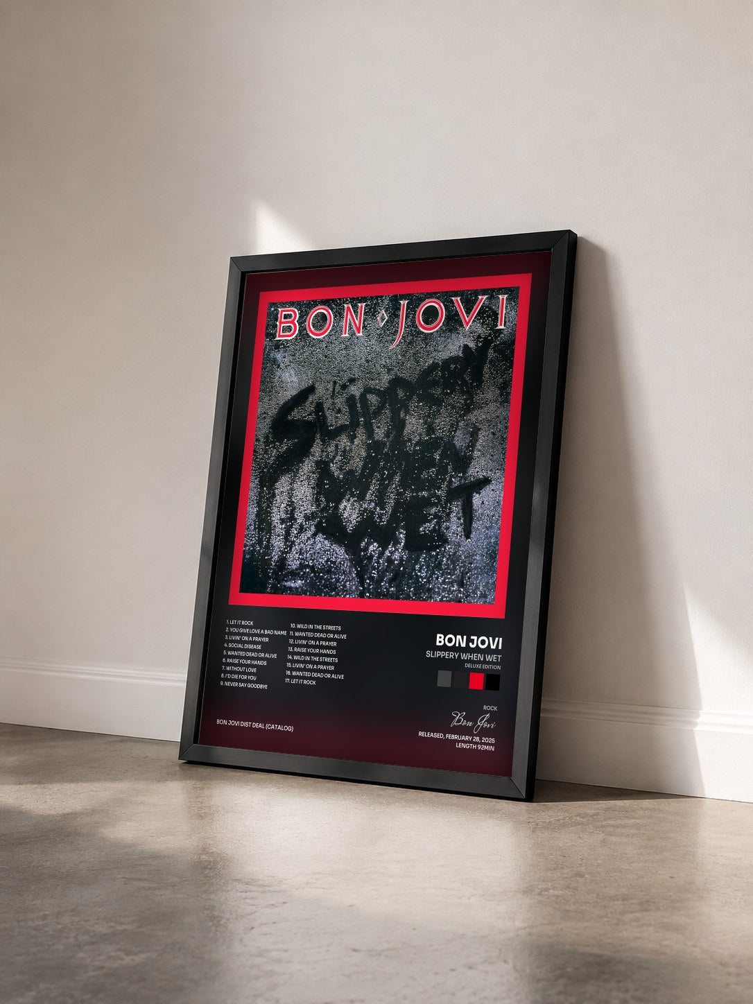 #noir Slippery When Wet (Deluxe Edition) by Bon Jovi as a framed art print seen at an angle, black frame