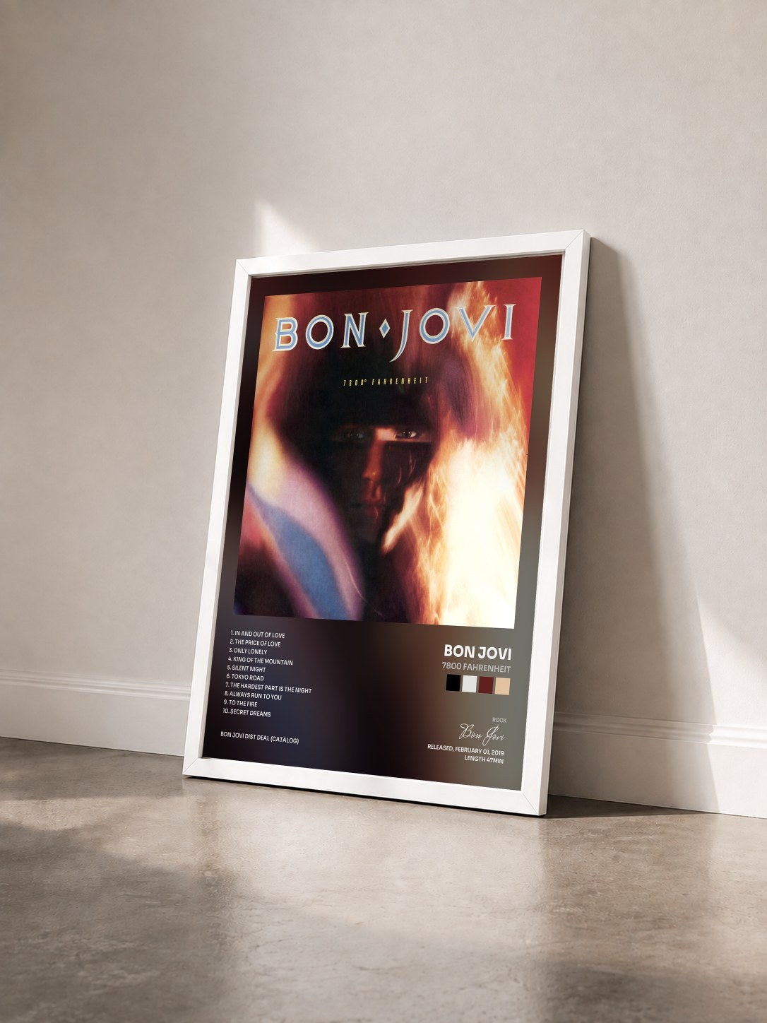 #blanc 7800 Fahrenheit by Bon Jovi as a framed art print seen at an angle, white frame