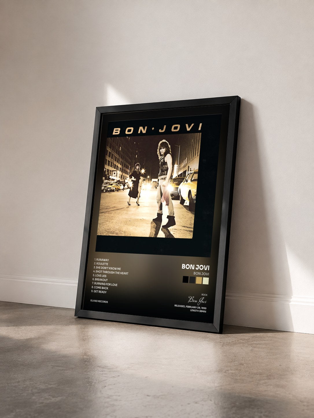 #noir Bon Jovi by Bon Jovi as a framed art print seen at an angle, black frame