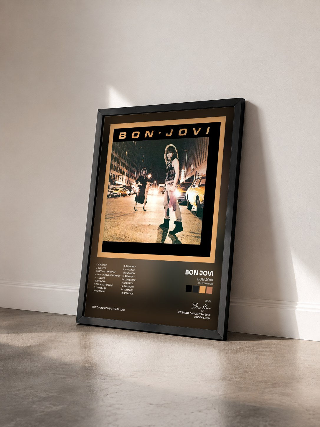 #noir Bon Jovi (Deluxe Edition) by Bon Jovi as a framed art print seen at an angle, black frame