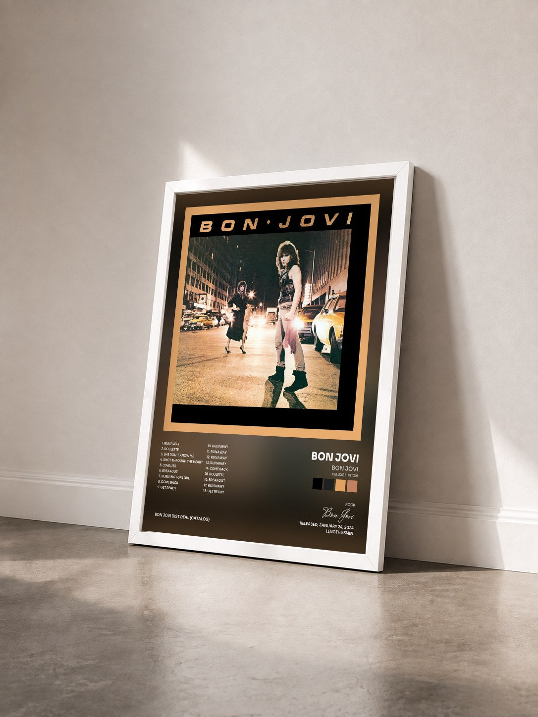 #blanc Bon Jovi (Deluxe Edition) by Bon Jovi as a framed art print seen at an angle, white frame