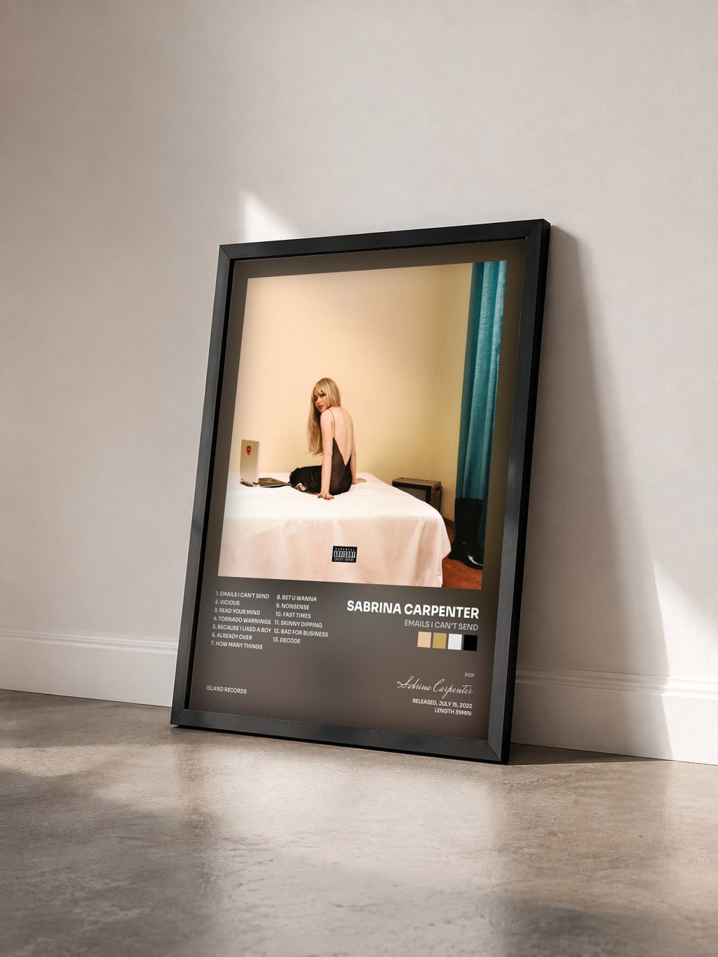#noir emails i can't send by Sabrina Carpenter as a framed art print seen at an angle, black frame