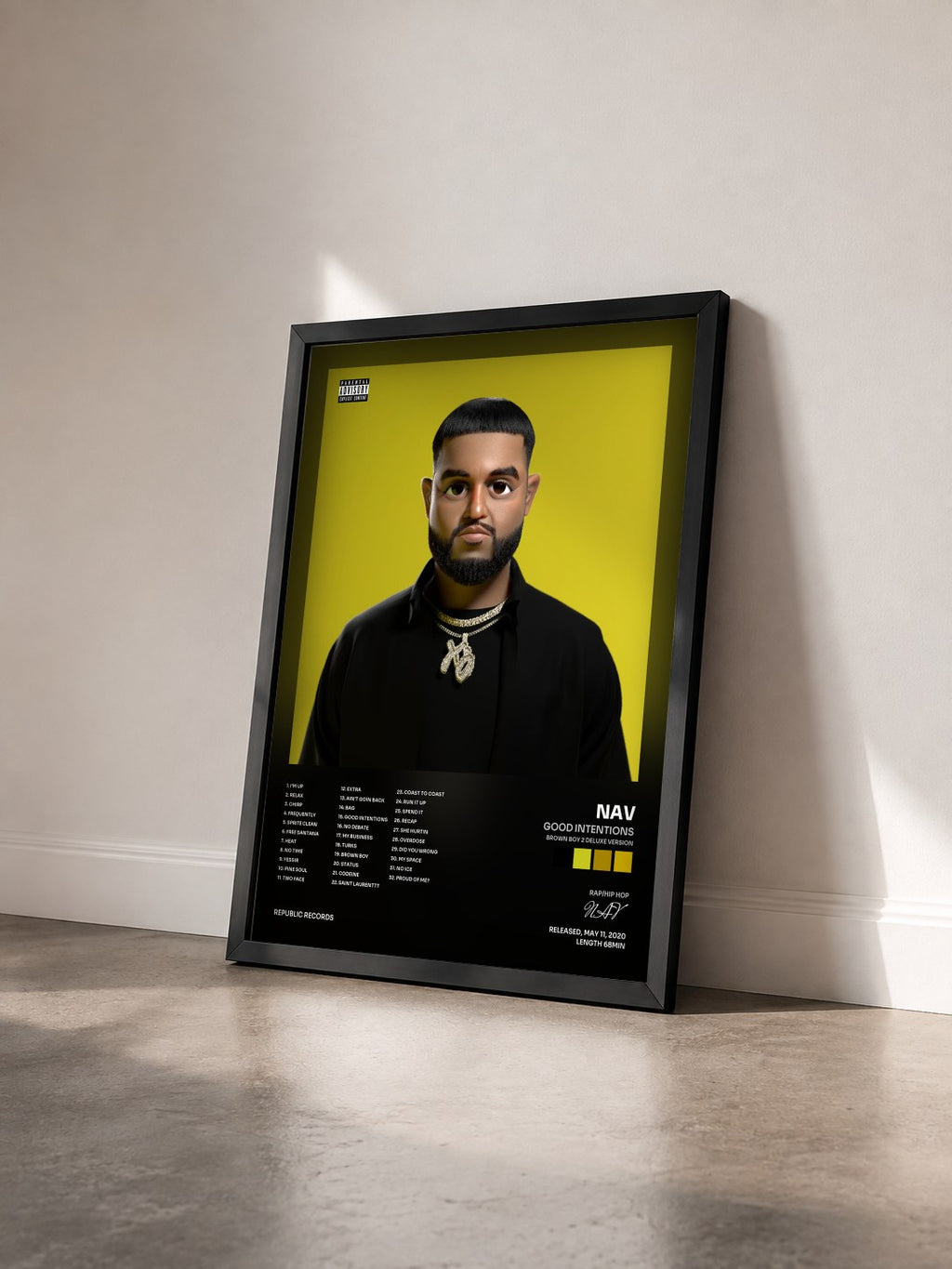 #noir Tableau de l'album Good Intentions (Brown Boy 2 Deluxe Version) de NAV vu de trois quarts, cadre noir