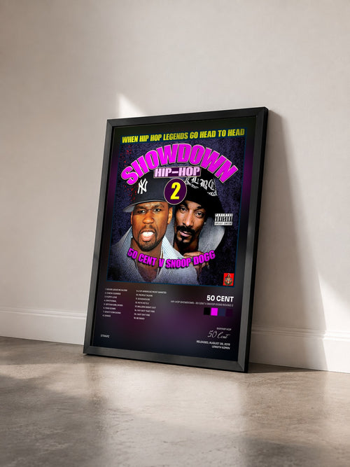 #noir Tableau de l'album Hip-Hop Showdown - 50 Cent v Snoop Dogg Round 2 de 50 Cent vu de trois quarts, cadre noir