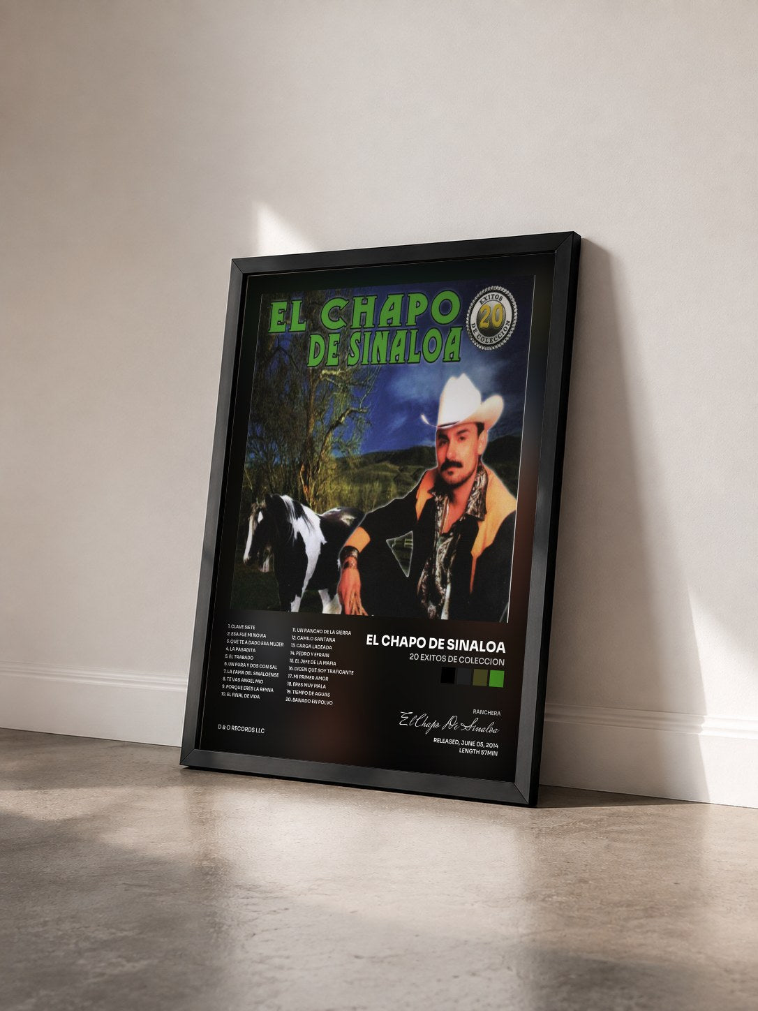 #noir Tableau de l'album 20 Exitos de Coleccion de El Chapo De Sinaloa vu de trois quarts, cadre noir