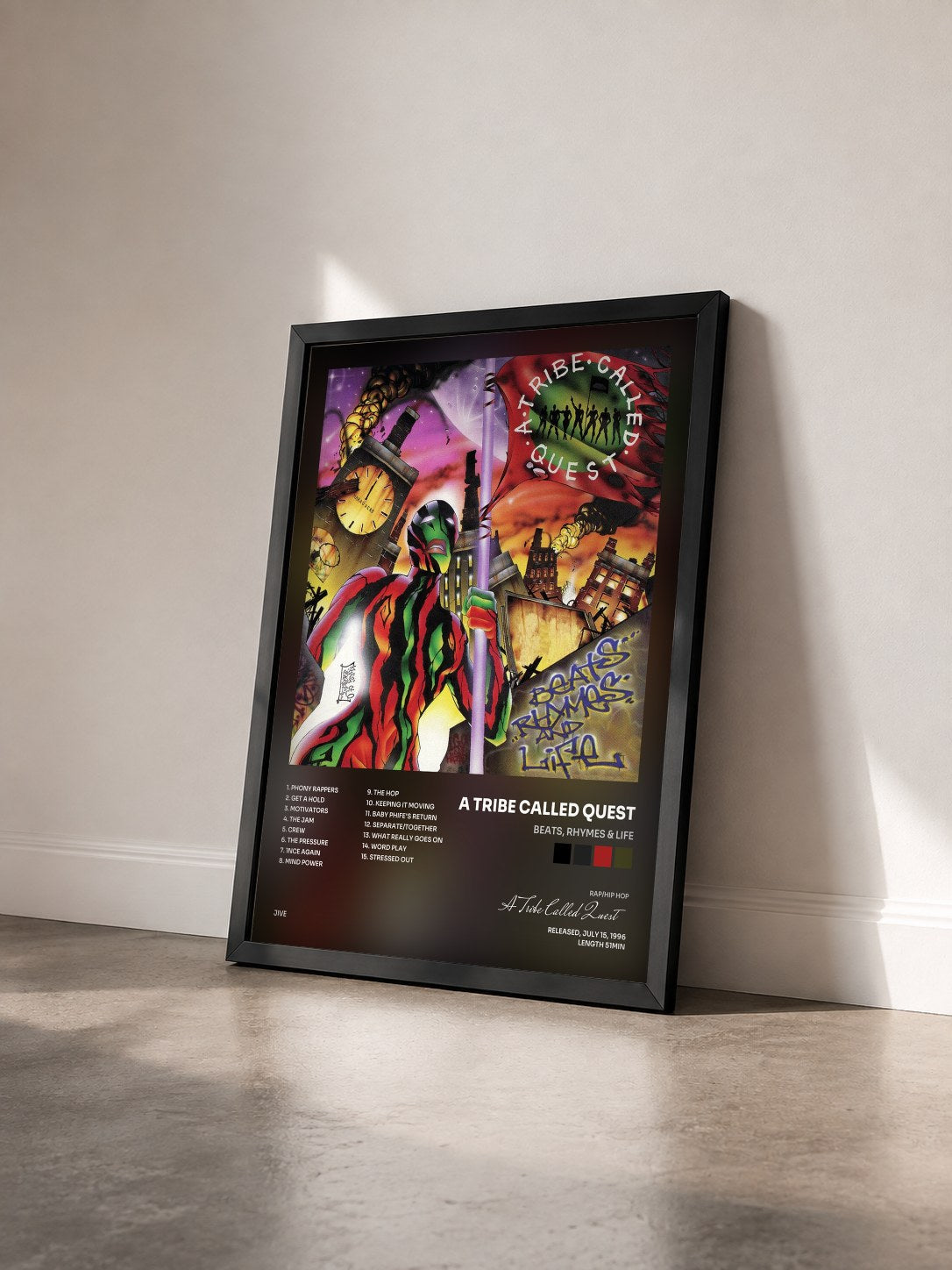 #noir Tableau de l'album Beats, Rhymes & Life de A Tribe Called Quest vu de trois quarts, cadre noir