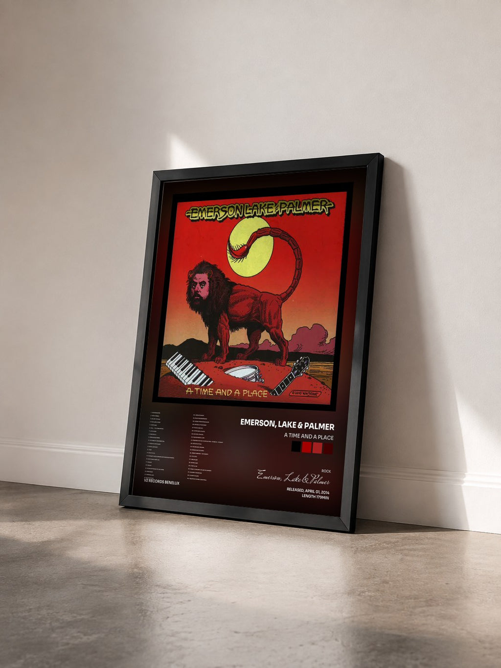 #noir A Time and a Place di Emerson, Lake & Palmer in stampa incorniciata vista di tre quarti, cornice nera