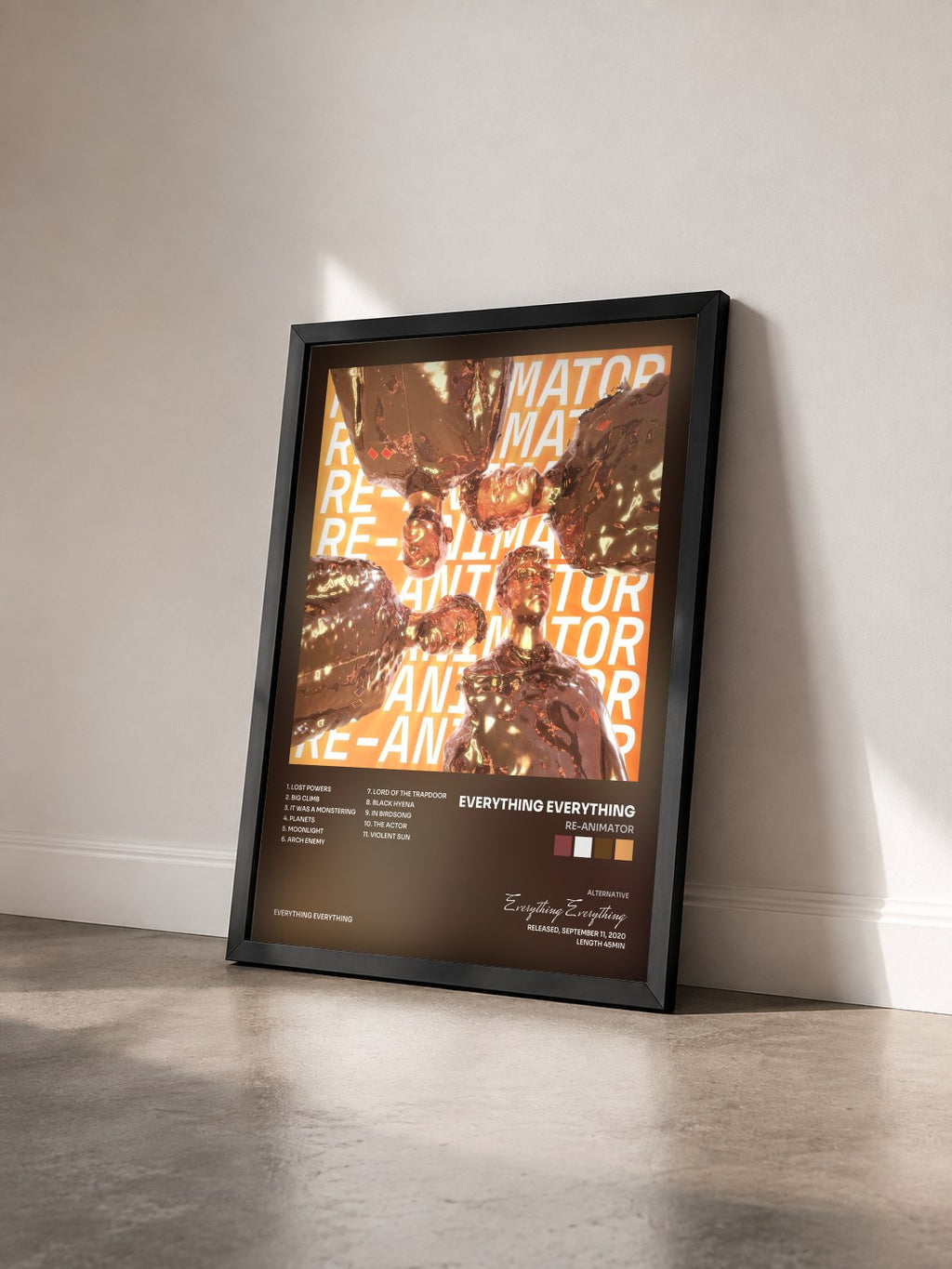 #noir Tableau de l'album RE-ANIMATOR de Everything Everything vu de trois quarts, cadre noir