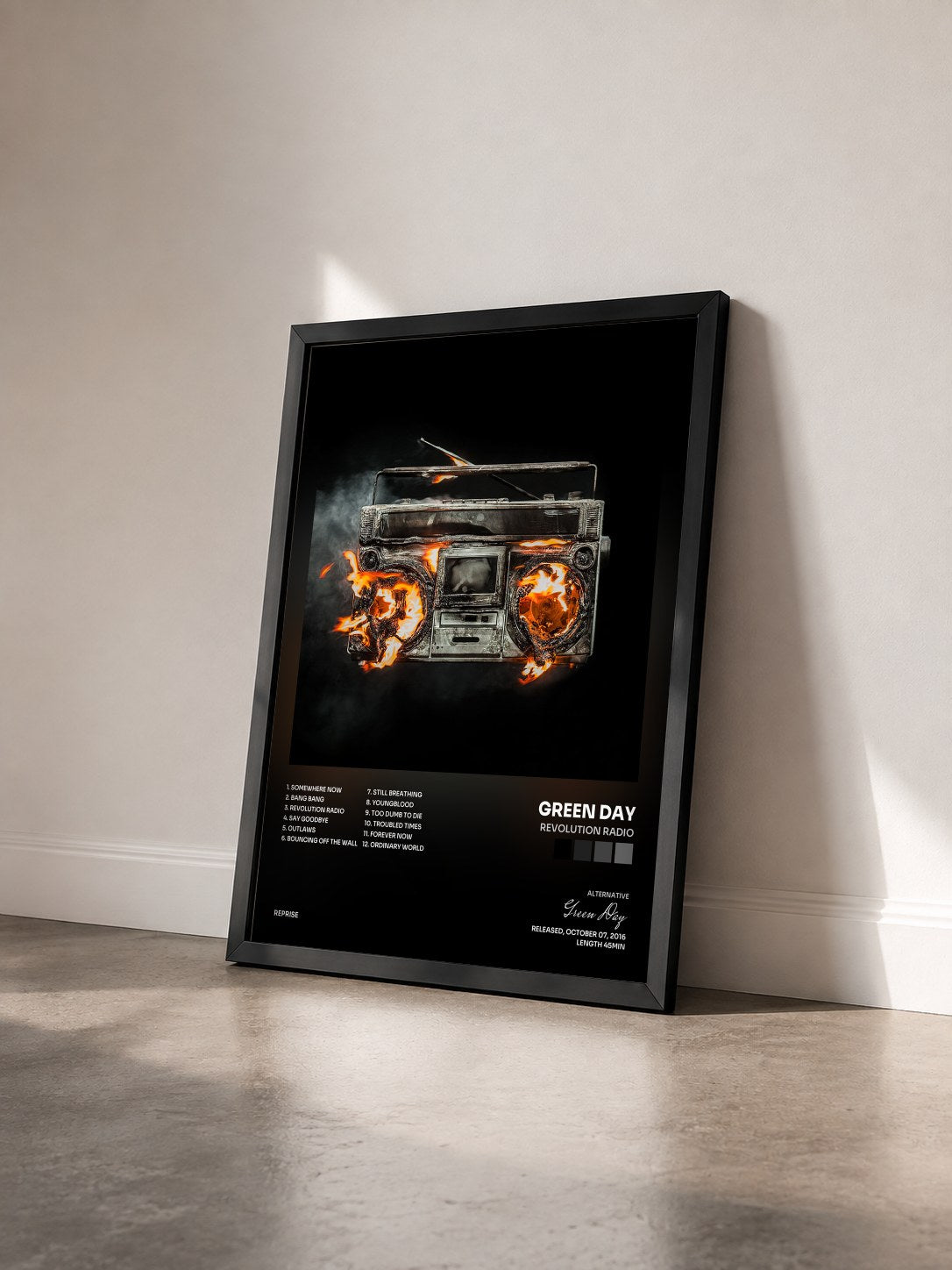 #noir Revolution Radio by Green Day as a framed art print seen at an angle, black frame