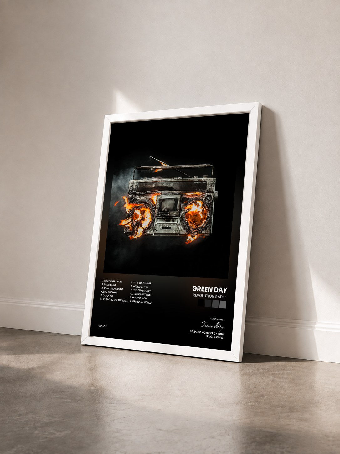 #blanc Revolution Radio by Green Day as a framed art print seen at an angle, white frame