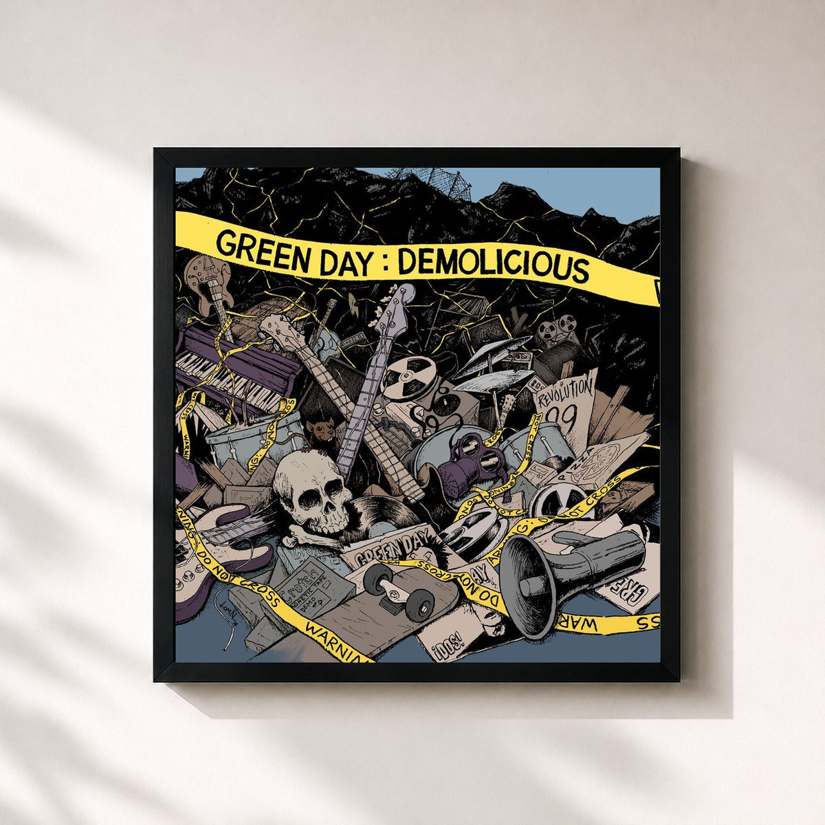 #noir Demolicious de Green Day en lámina cuadrada enmarcada, marco negro de 32x32 cm