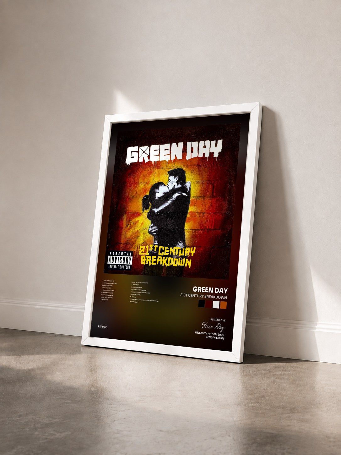 #blanc Tableau de l'album 21st Century Breakdown de Green Day vu de trois quarts, cadre blanc