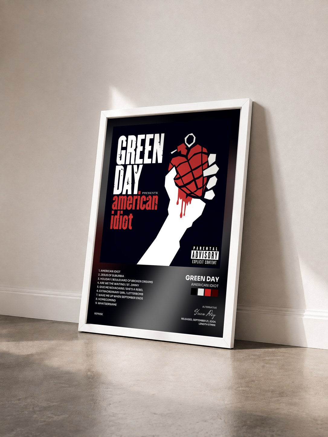 #blanc Tableau de l'album American Idiot de Green Day vu de trois quarts, cadre blanc
