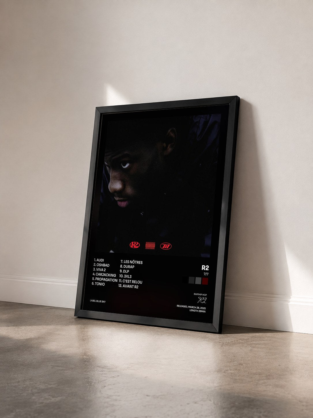 #noir 7/7 by R2 as a framed art print seen at an angle, black frame