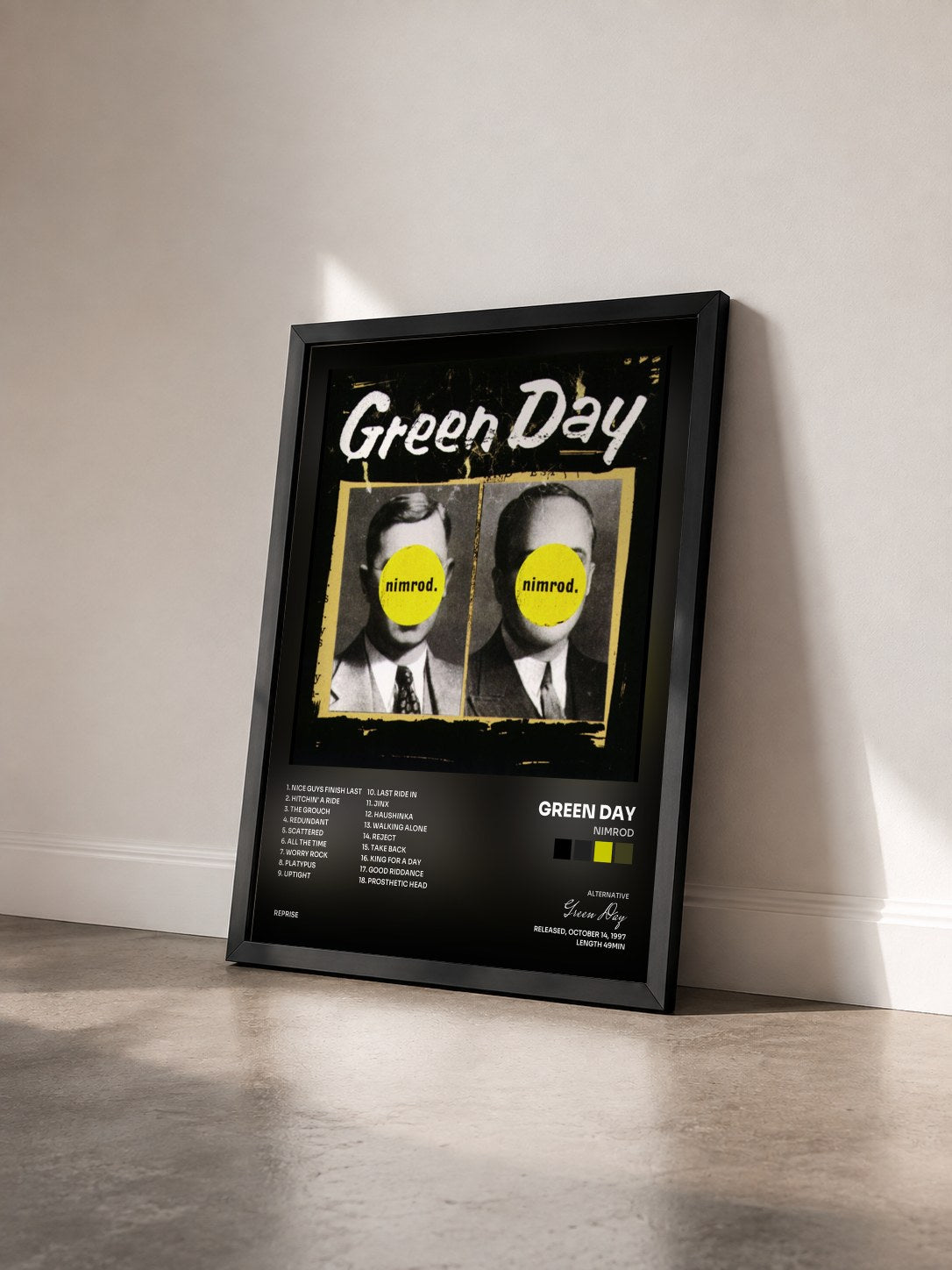 #noir Nimrod by Green Day as a framed art print seen at an angle, black frame