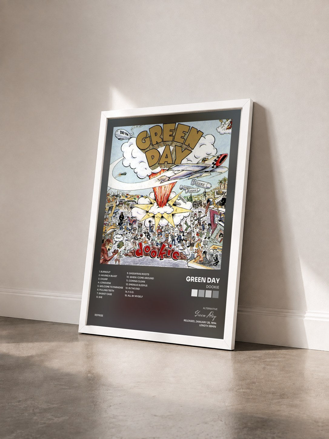 #blanc Tableau de l'album Dookie de Green Day vu de trois quarts, cadre blanc