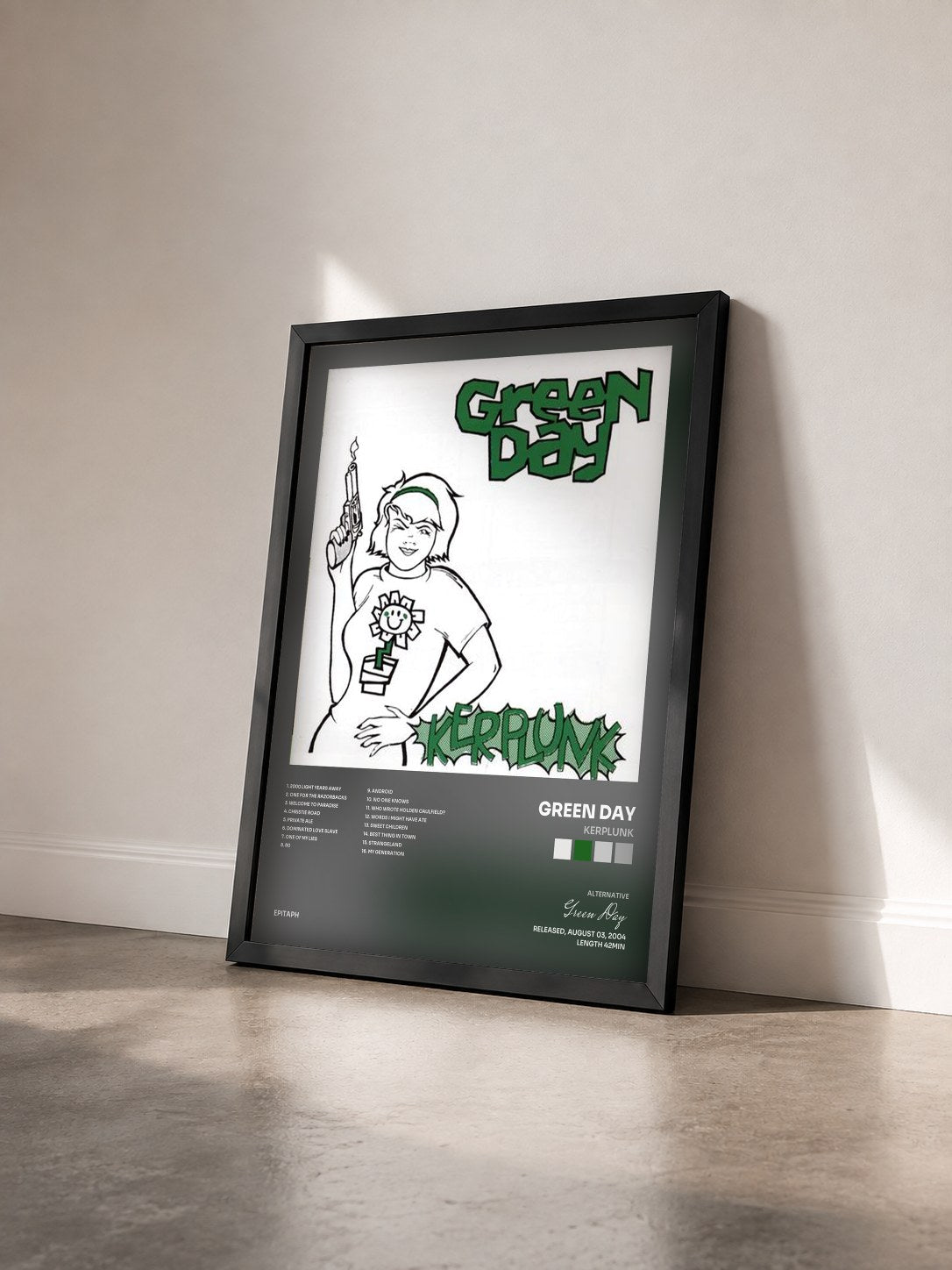 #noir Kerplunk de Green Day en lámina enmarcada vista de tres cuartos, marco negro