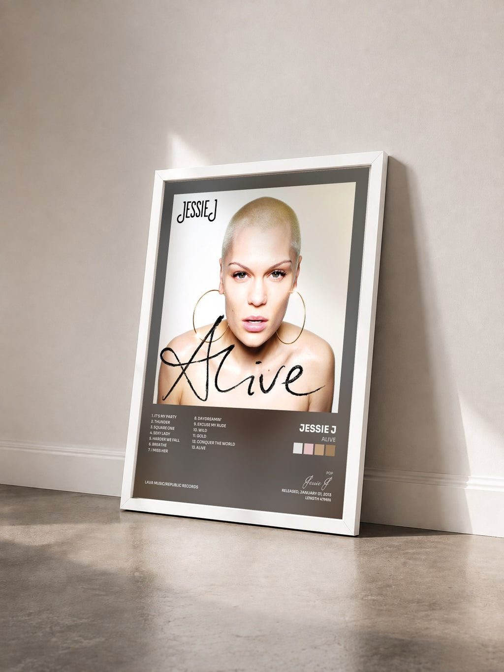 #blanc Alive by Jessie J as a framed art print seen at an angle, white frame