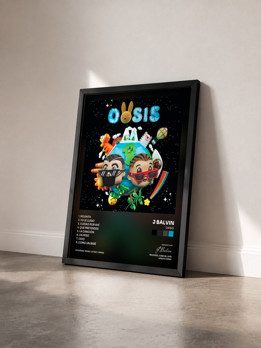 #noir Tableau de l'album OASIS de J Balvin vu de trois quarts, cadre noir