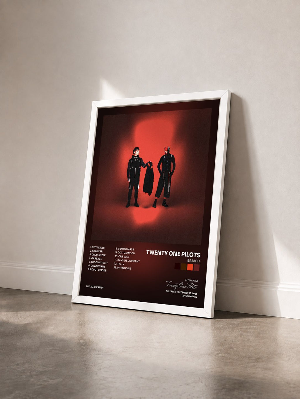 #blanc Tableau de l'album Breach de Twenty One Pilots vu de trois quarts, cadre blanc