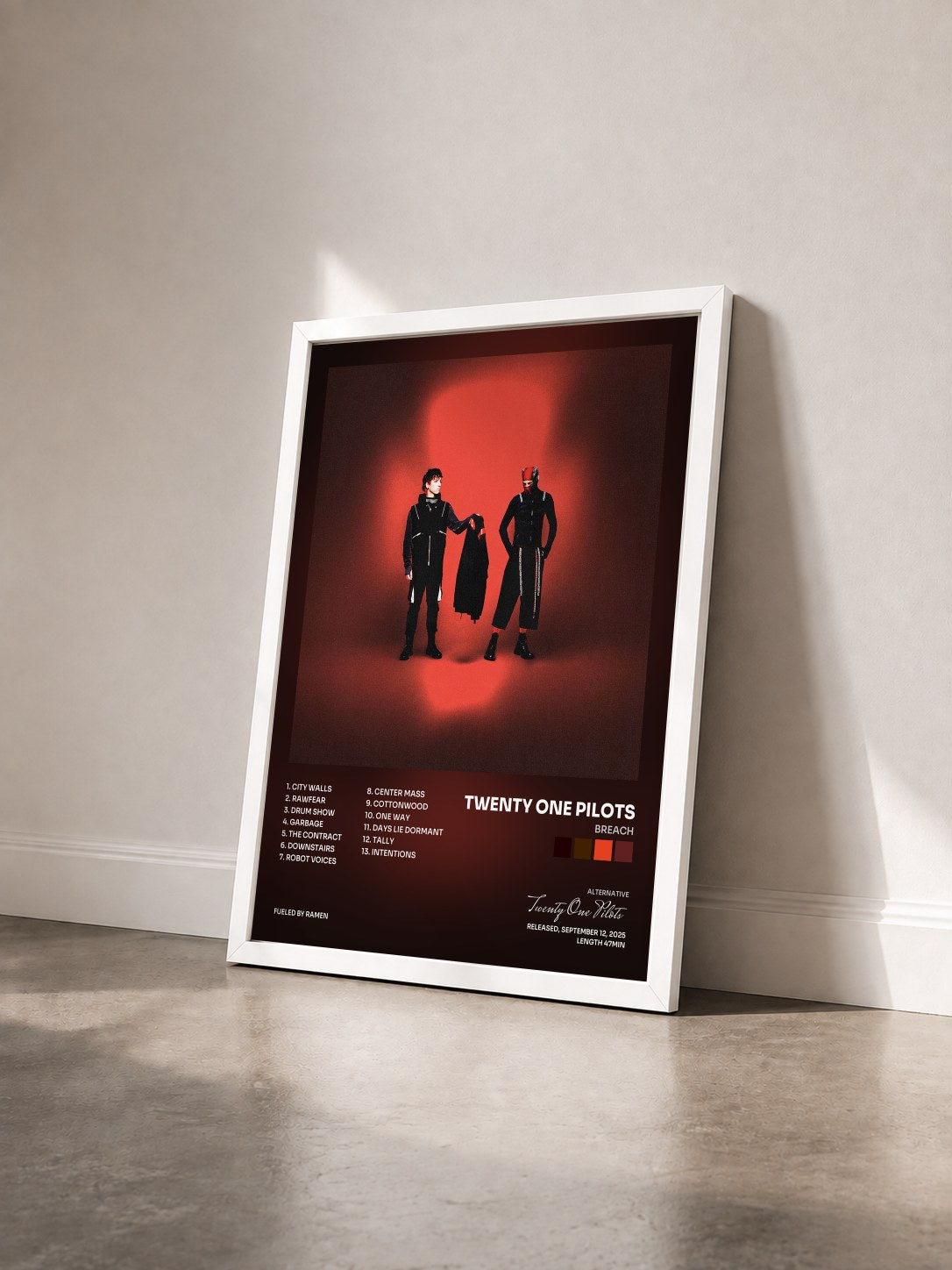 #blanc Tableau de l'album Breach de Twenty One Pilots vu de trois quarts, cadre blanc