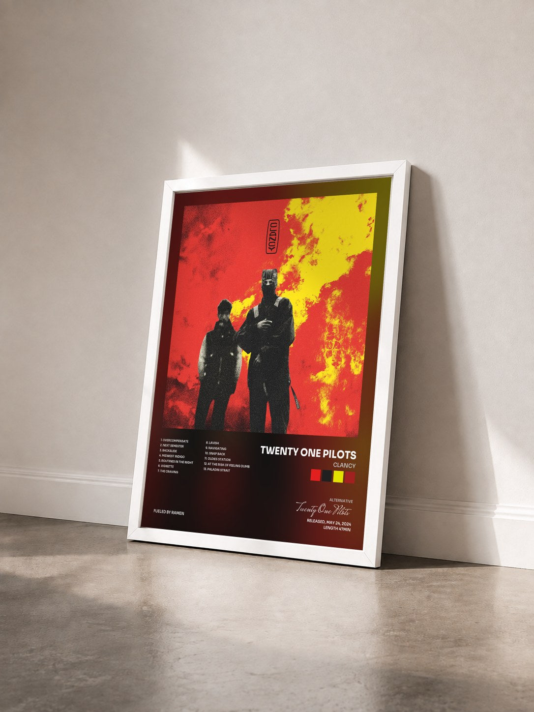 #blanc Tableau de l'album Clancy de Twenty One Pilots vu de trois quarts, cadre blanc