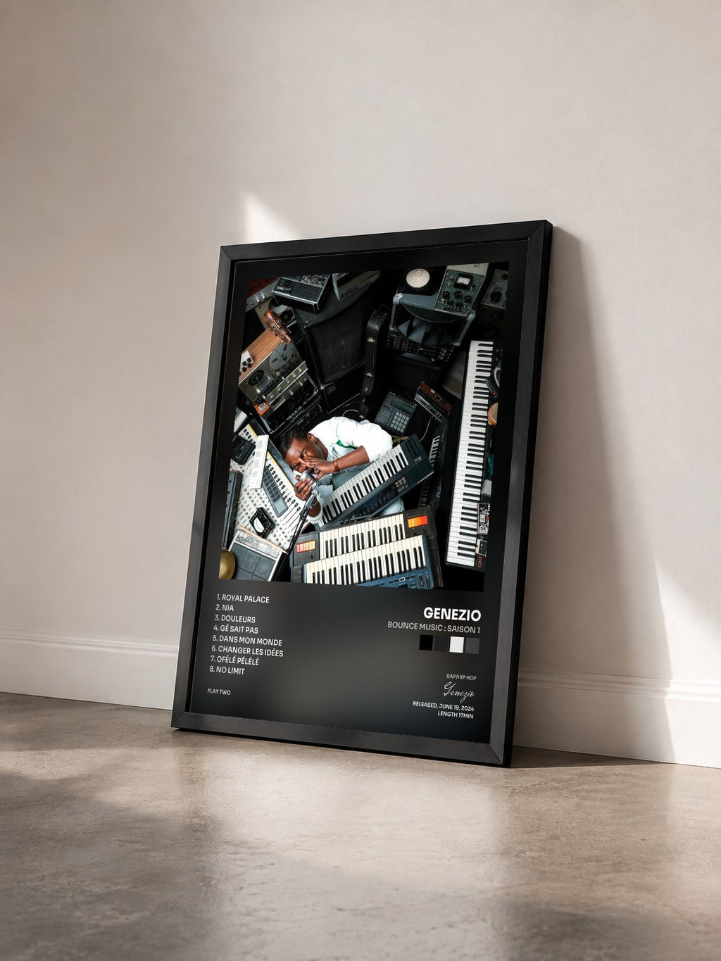 #noir BOUNCE MUSIC : SAISON 1 by Genezio as a framed art print seen at an angle, black frame