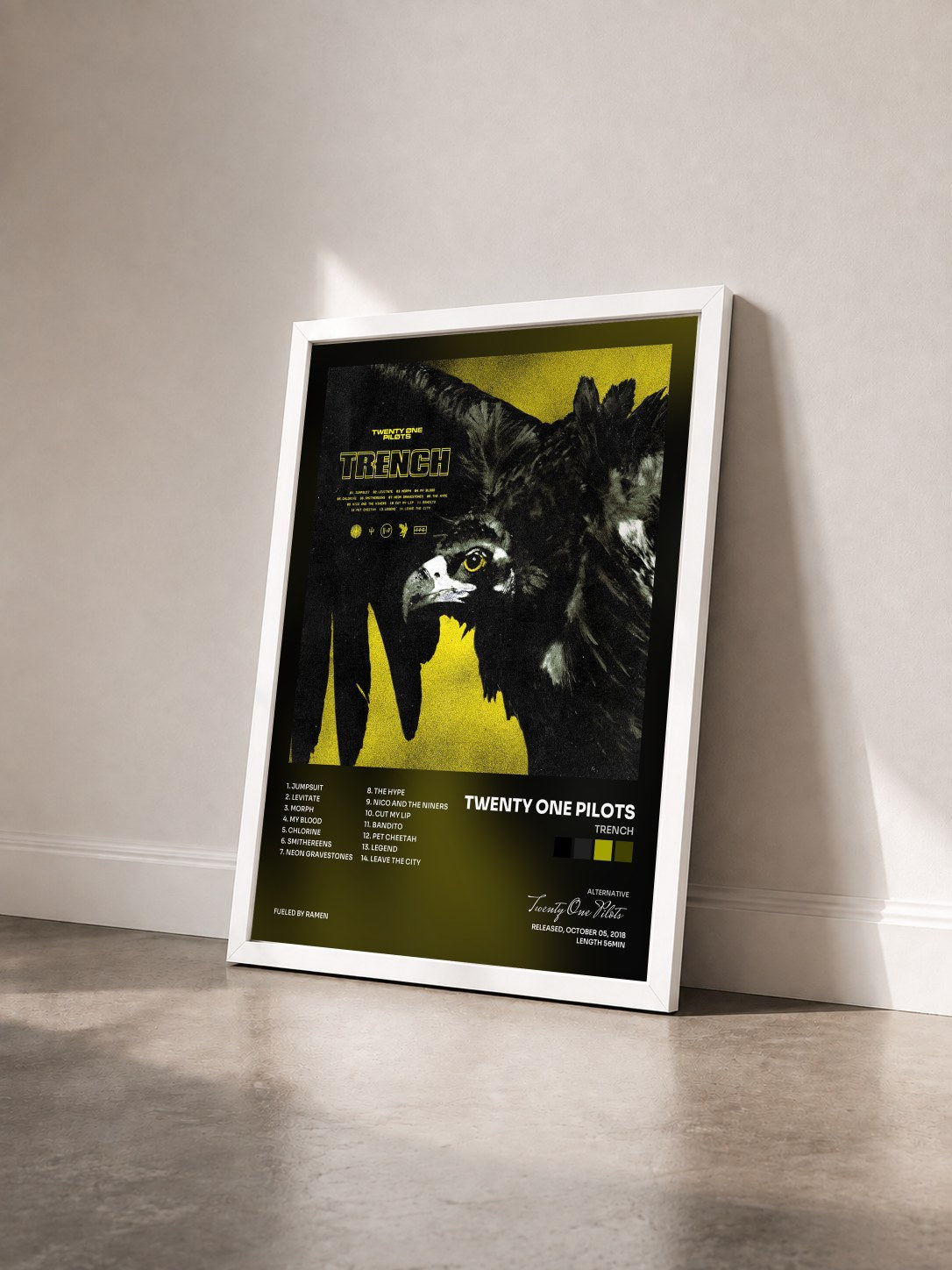 #blanc Tableau de l'album Trench de Twenty One Pilots vu de trois quarts, cadre blanc