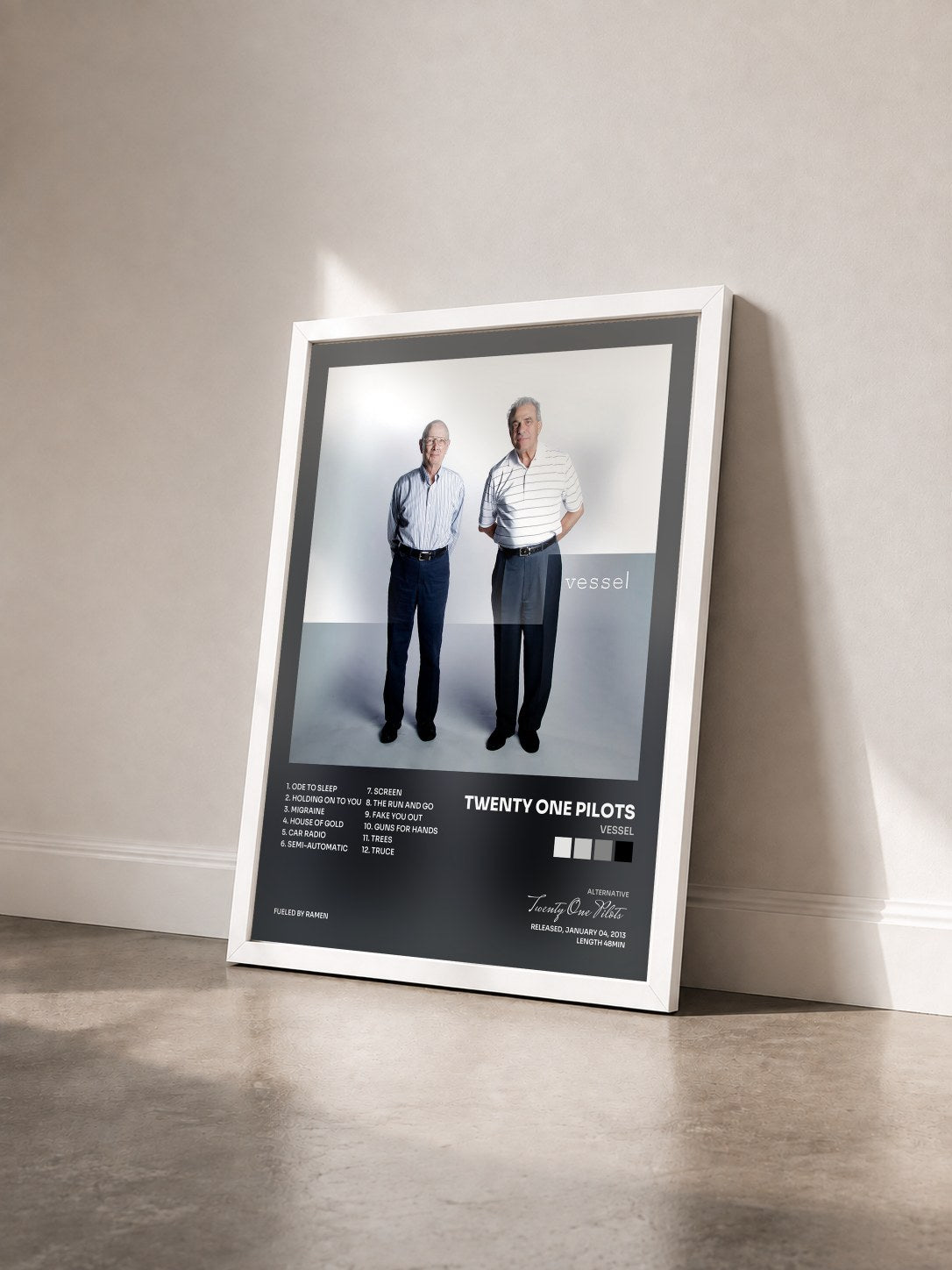 #blanc Tableau de l'album Vessel de Twenty One Pilots vu de trois quarts, cadre blanc