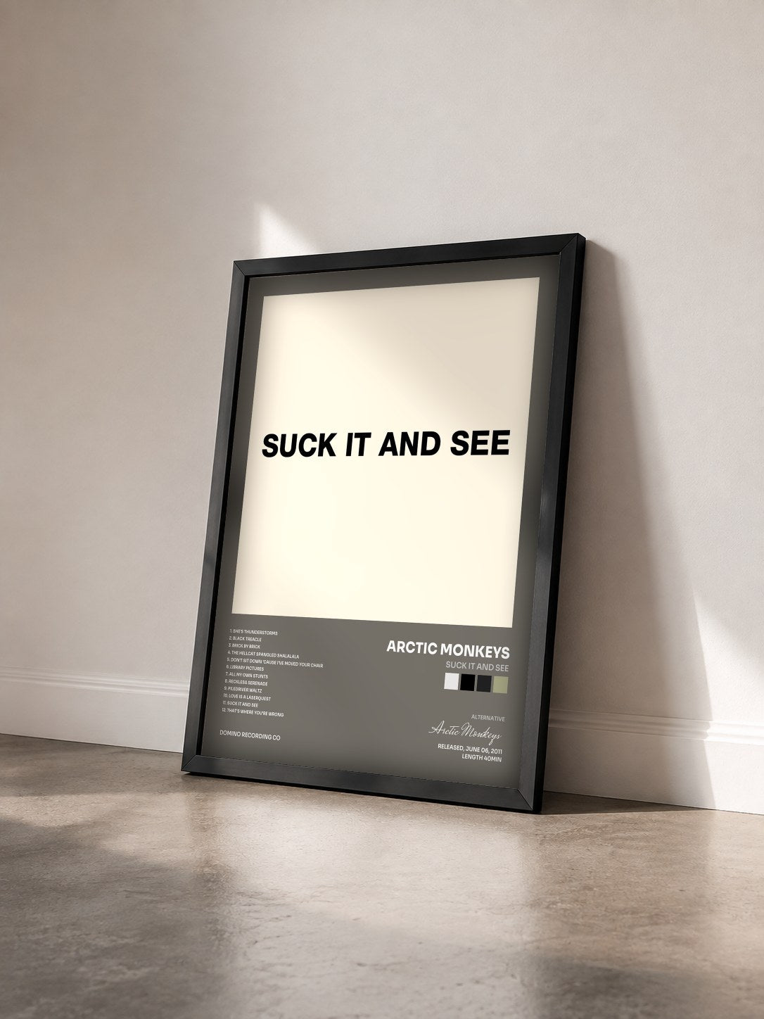 #noir Tableau de l'album Suck It and See de Arctic Monkeys vu de trois quarts, cadre noir