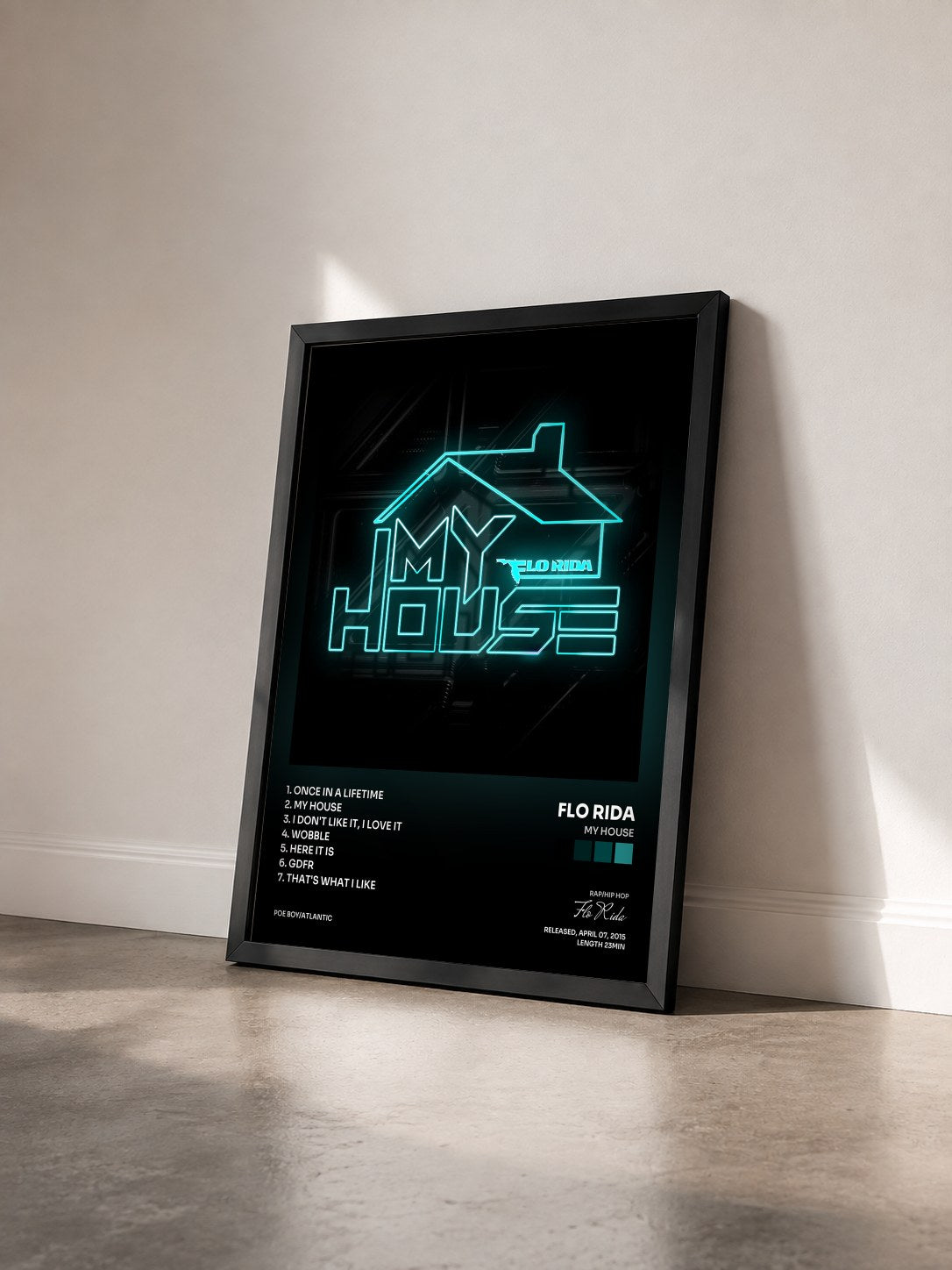 #noir My House by Flo Rida as a framed art print seen at an angle, black frame