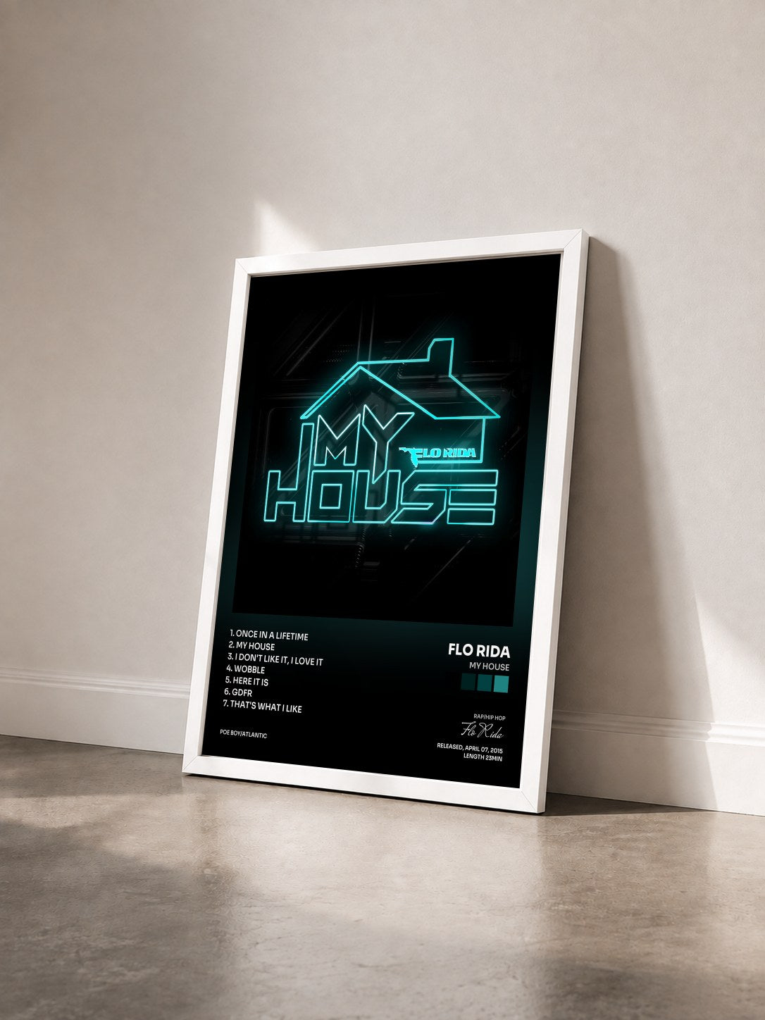 #blanc My House by Flo Rida as a framed art print seen at an angle, white frame