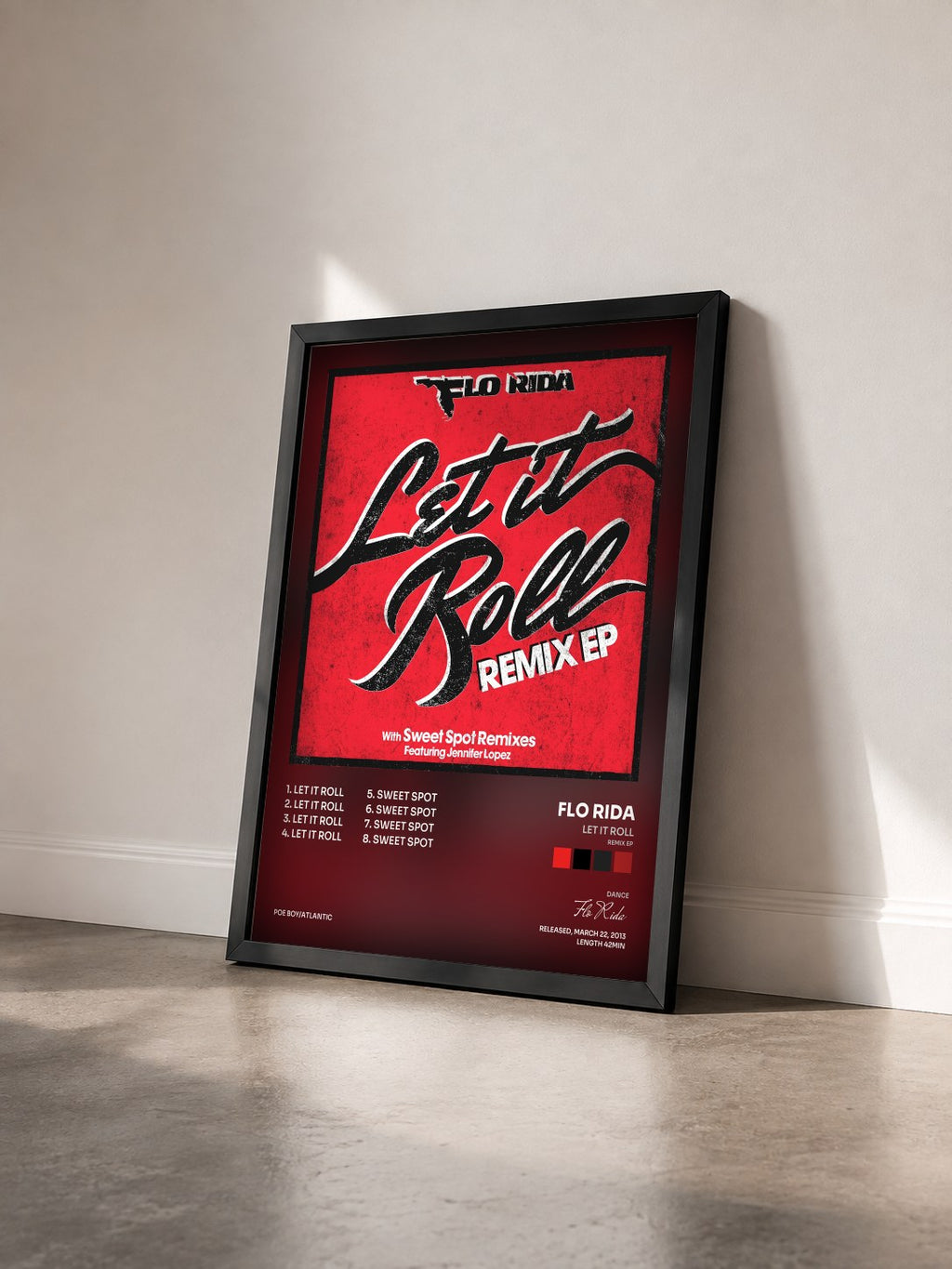 #noir Let It Roll (Remix EP) by Flo Rida as a framed art print seen at an angle, black frame