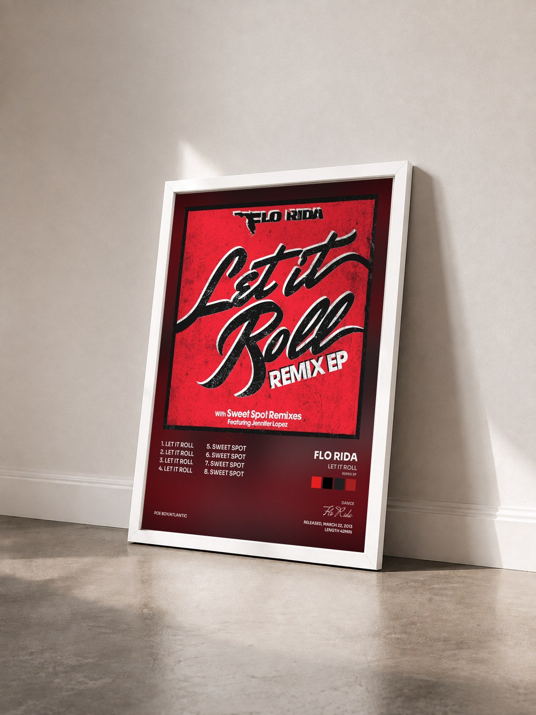 #blanc Tableau de l'album Let It Roll (Remix EP) de Flo Rida vu de trois quarts, cadre blanc