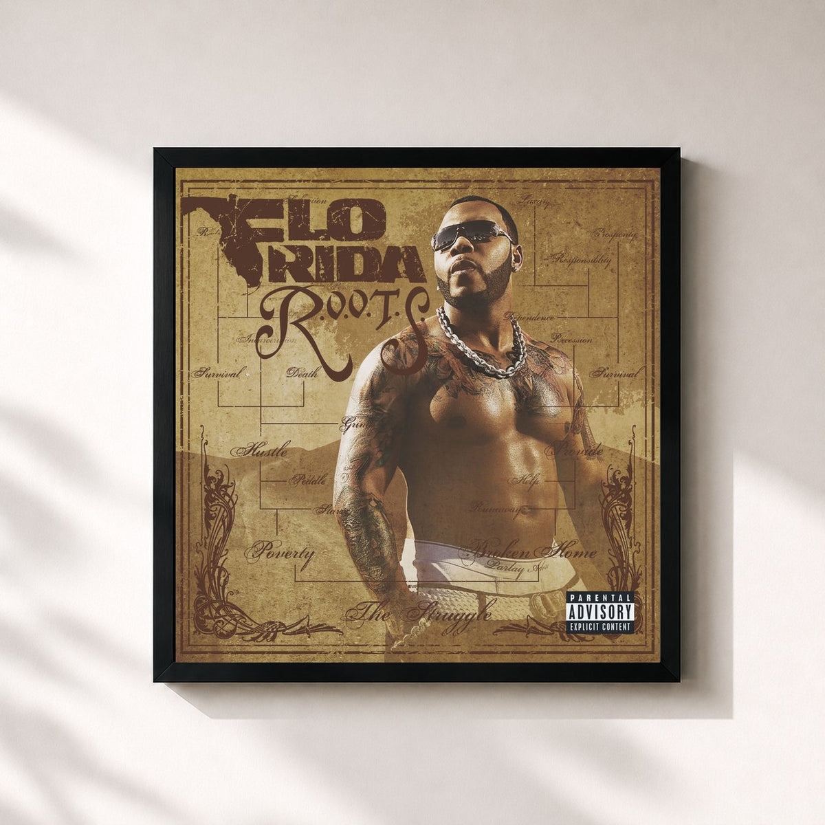 #noir Tableau carré de l'album R.O.O.T.S. (Route of Overcoming the Struggle) de Flo Rida, cadre noir 32x32 cm