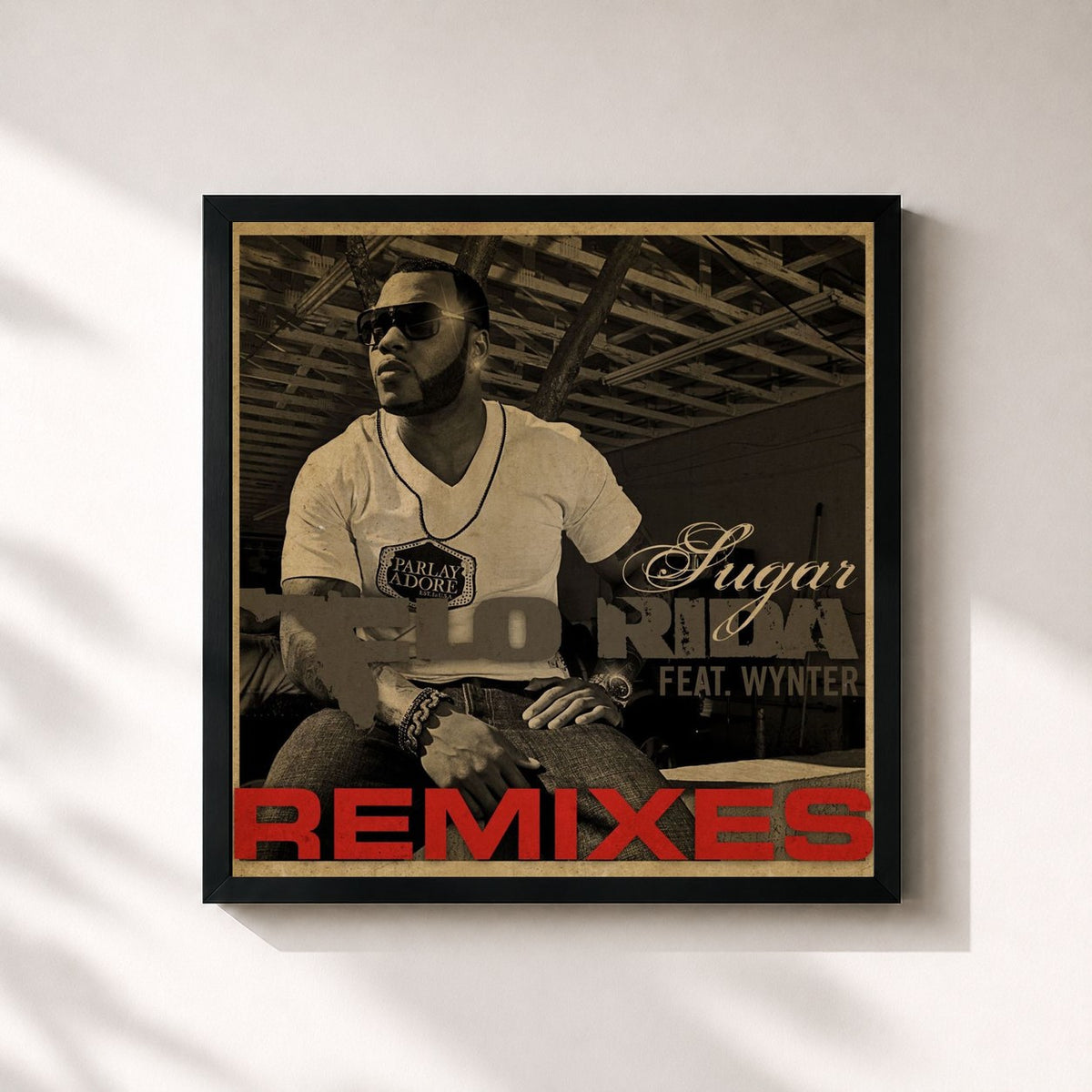 #noir Tableau carré de l'album Sugar (Remixes) de Flo Rida, cadre noir 32x32 cm