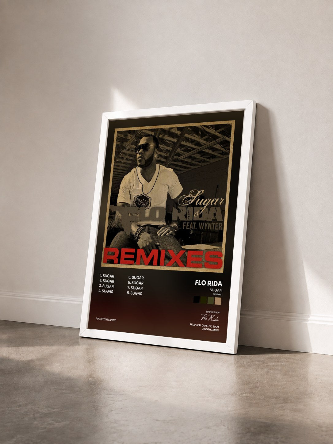 #blanc Tableau de l'album Sugar (Remixes) de Flo Rida vu de trois quarts, cadre blanc