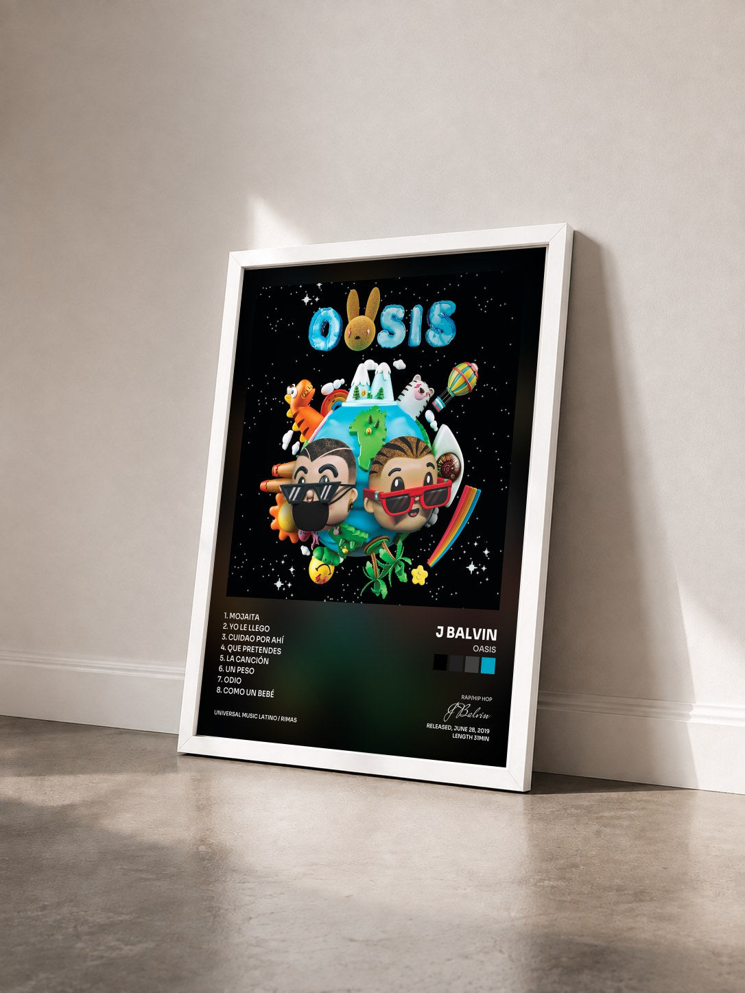 #blanc Tableau de l'album OASIS de J Balvin vu de trois quarts, cadre blanc