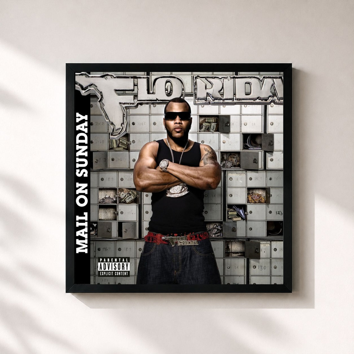 #noir Tableau carré de l'album Mail on Sunday de Flo Rida, cadre noir 32x32 cm