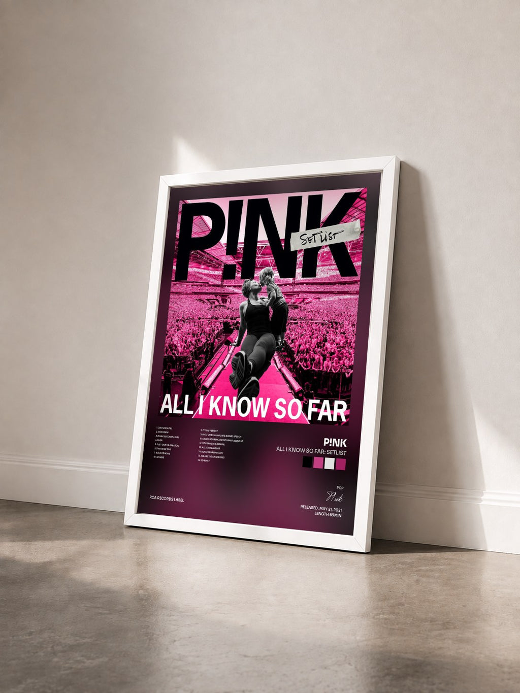 #blanc All I Know So Far: Setlist von P!nk als gerahmter Kunstdruck von schräg gesehen, weißer Rahmen