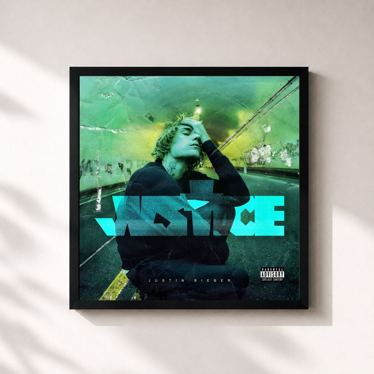 #noir Justice by Justin Bieber as a square framed art print, black 32x32 cm frame