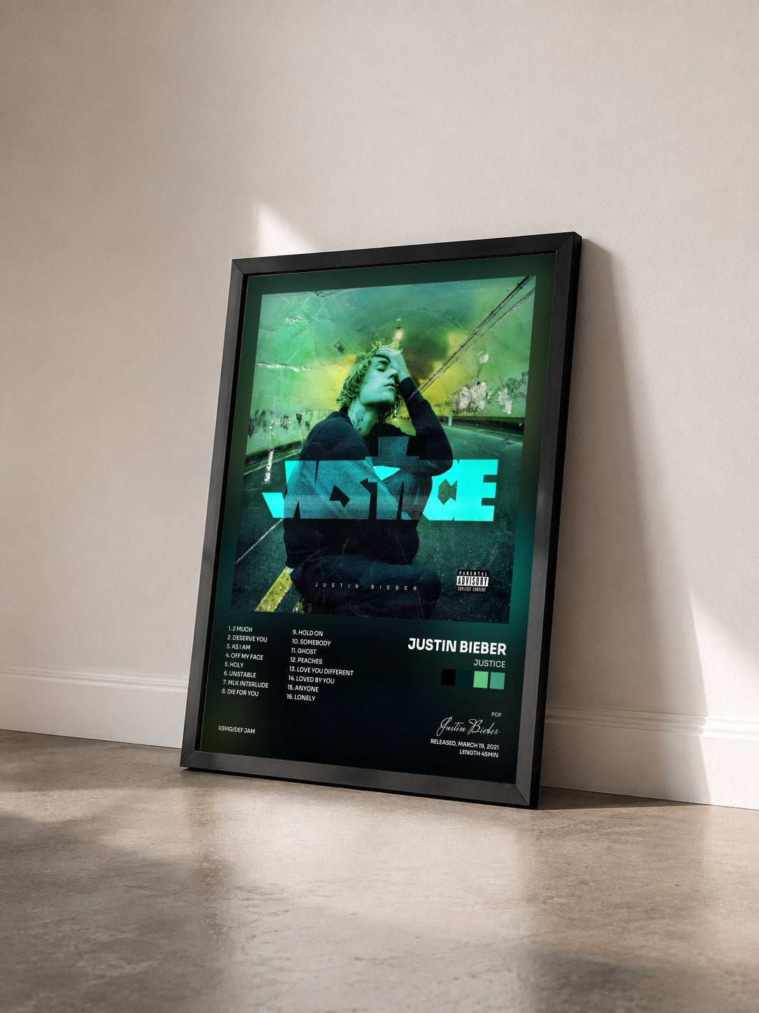 #noir Justice by Justin Bieber as a framed art print seen at an angle, black frame
