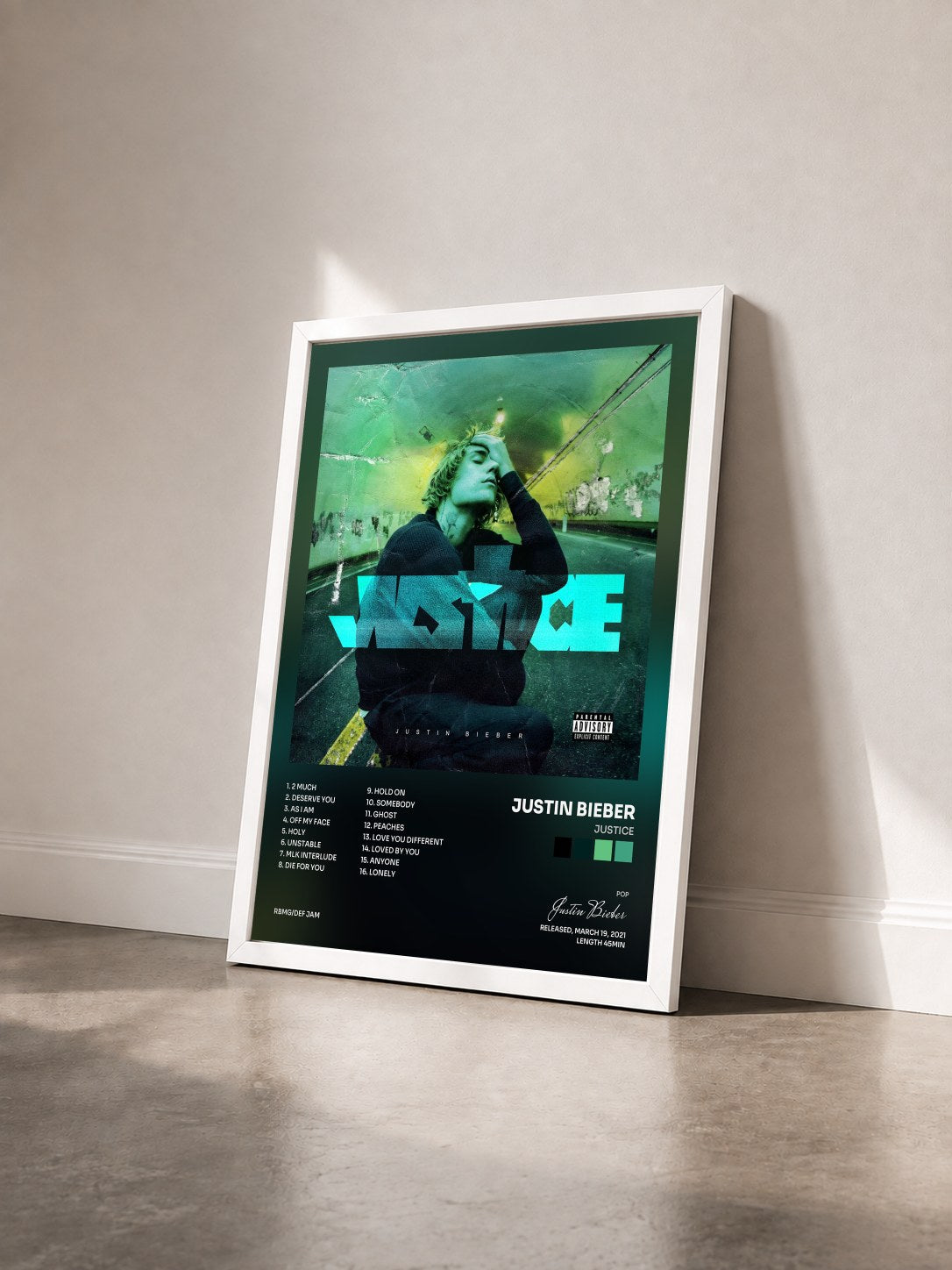 #blanc Justice by Justin Bieber as a framed art print seen at an angle, white frame