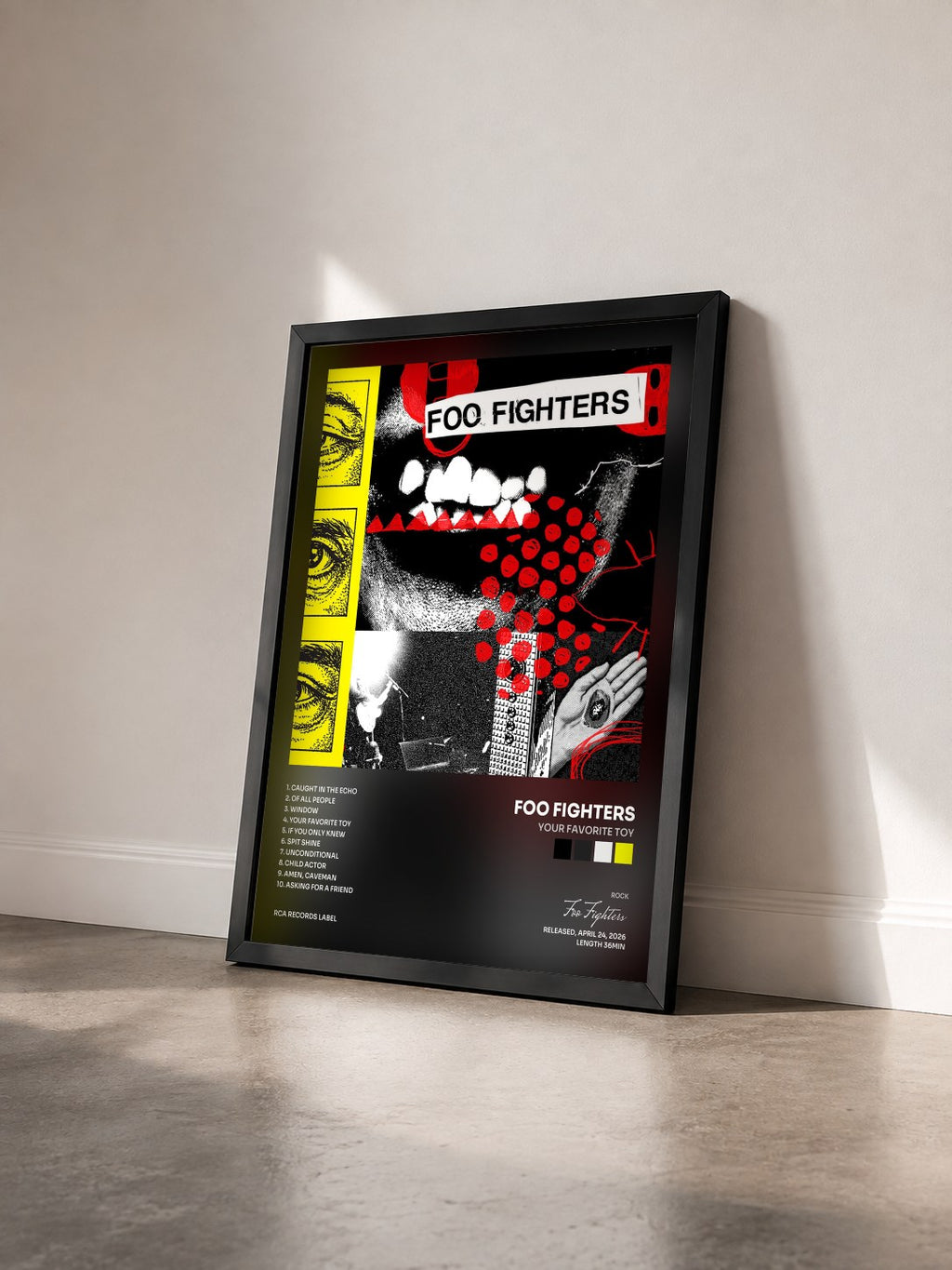 #noir Tableau de l'album Your Favorite Toy de Foo Fighters vu de trois quarts, cadre noir