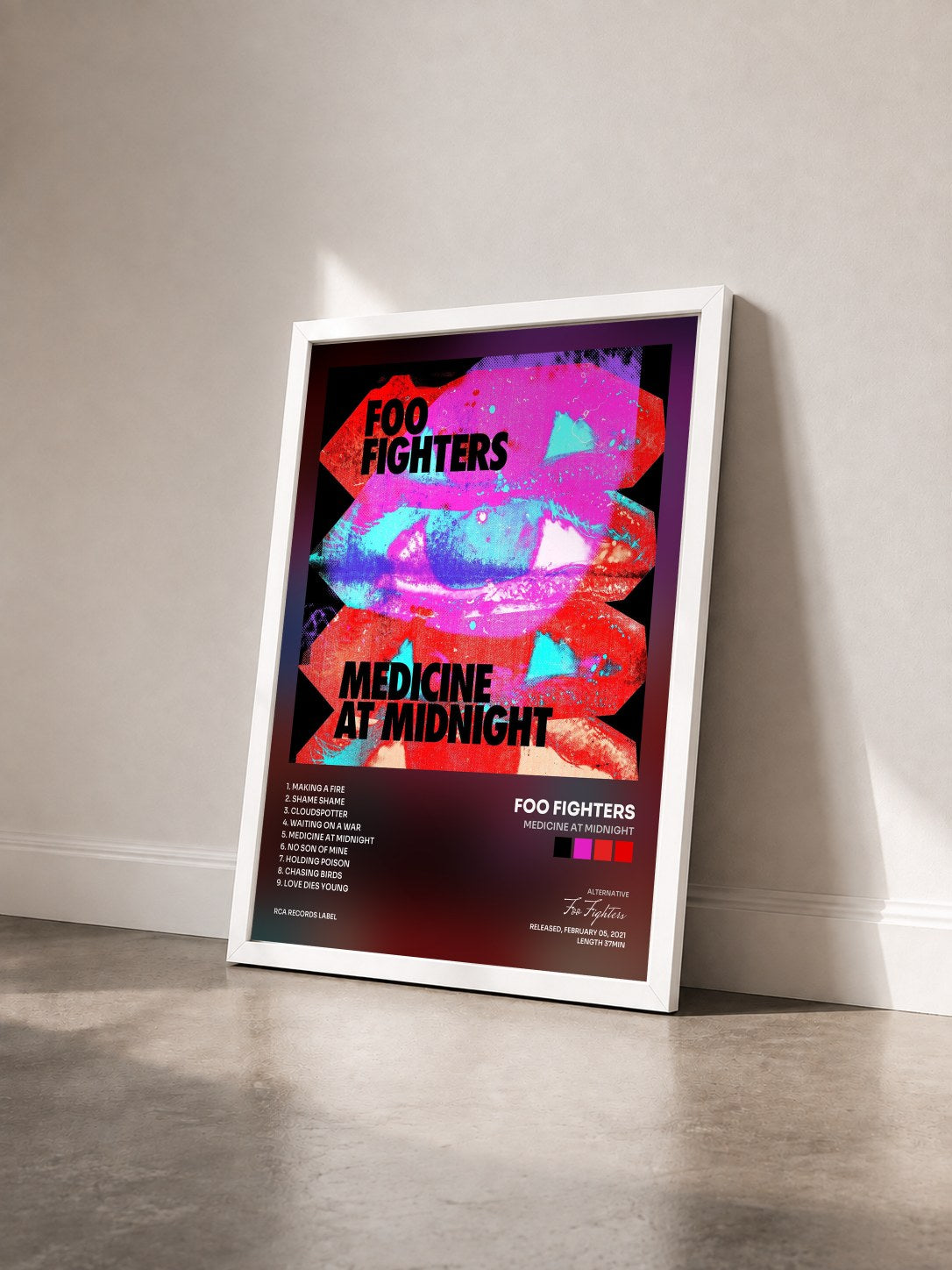 #blanc Tableau de l'album Medicine At Midnight de Foo Fighters vu de trois quarts, cadre blanc